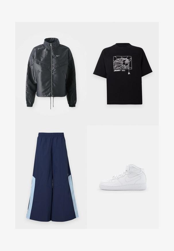 Must kolledžiga must lühike jope, millel on lukuga sulgus, elastne mansett ja valge Nike logo. Sile, läikiv kangas, millel on veidi tekstureeritud pind.; Mustmust särgis, millel on lühikesed varrukad. Esipaneelil on valge ämblikuvõrgu graafika ja logo. Lihtne ümmargune kaelus.; Tumed laiad püksid elastse vöökoha ja helesiniste külgpaneelidega, millel on sile tekstuur. Disainitud mugavuseks ja liikumise lihtsuseks.; Valged kõrged tennisekesed, mis on valmistatud nahast, pehmendatud krae, augustatud varvas, nöörid ja reguleeritav pahkluu rihm; logo külgedel.