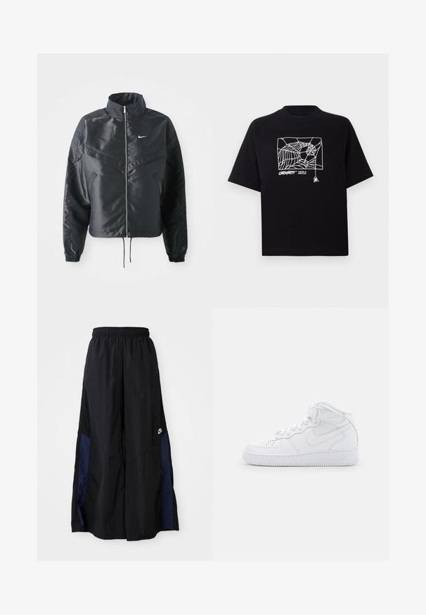 Fekete, rövidített dzseki magas gallérral, cipzáras záródással, elasztikus mandzsettákkal, és fehér Nike logóval. Simább, fényes anyag, enyhén textúrázott felülettel.; Fekete pamut póló rövid ujjakkal. Elülső részén fehér pókhálós grafika és logó található. Egyszerű, kerek nyakú.; Fekete, bő szárú nadrág könnyű anyagból, tengerészkék oldalsó panellel és elasztikus derékkal. Kicsi fehér logó az alján.; Fehér, magas szárú bőrcipők párnázott bokarészes, perforált orral, fűzőkkel és állítható bokapánttal; logó az oldalon.
