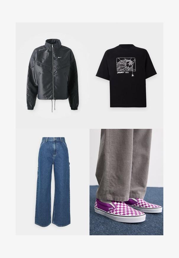 Svart cropped jakke med høy krage, glidelåsåpning, elastiske mansjetter og en hvit Nike-logo. Glatt, shiny stoff med en lett teksturert overflate.; Svart T-skjorte laget av bomull med korte ermer. Har et hvitt edderkoppnett grafikk og logo på fronten. Enkel rund hals.; Videbeinete blå denimbukser med høy midje, kontraststing, og sidelommer, med et klassisk fem-lommers design og rå kanter.; Lilla- og hvit rutete slip-on Vans-sko med en jevn overflate og kontrastfarget svart kant, kombinert med grå kordfløyelsbukser.