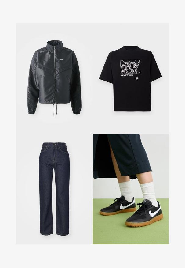 Črna skrajšana jakna z visokim ovratnikom, zadrgo, elastan rokavi in belim logotipom Nike. Gladek, sijoč material z rahlo teksturirano površino.; Črn T-majica iz bombaža s kratkimi rokavi. Na sprednji strani ima belo grafiko pajkove mreže in logo. Preprost okrogli izrez.; Temno modri traperji visoke lege z ravnim krojem, vidnim šivanjem, petimi žepi in sprednjim zapiranjem na gumbe.; Črne usnjene in sintetične superge z belim Nike swooshom, gumo na podplatu, okroglo konico ter črnimi vezalkami. Vidne so rebraste bele nogavice.
