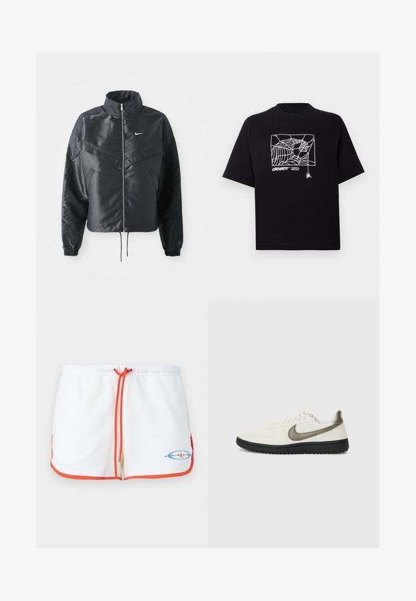 Svart kort jacka med hög krage, dragkedja, ärmslut i elastan och en vit Nike-logotyp. Slät, glänsande tyg med en något strukturerad yta.; Svart t-shirt i bomull med korta ärmar. Har en vit spindelnätgrafik och logotyp på framsidan. Enkel rundad halsringning.; Vita shorts med orange dragsko och kant. Har en grafisk logo i blått och rött. Mjukt tyg med en avslappnad design.; Nike Sportswear FIELD GENERAL - Sneakers - off-white/black