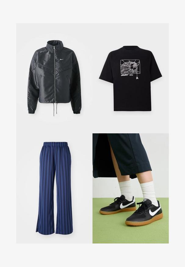 Casaco preto curto com colarinho alto, fecho de zip, punhos em elastano e um logótipo Nike branco. Tecido suave e brilhante com uma superfície ligeiramente texturizada.; T-shirt preta feita de algodão com mangas curtas. Apresenta uma gravação de teia de aranha branca e um logótipo na parte da frente. Possui um decote simples em forma redonda.; Calças largas feitas de um tecido suave e elástico, com riscas azul-escuras. A cinta é elástica, com rachas na barra para facilitar o movimento.; Sapatilhas pretas em couro e sintético com o logo da Nike em branco, sola de borracha tipo goma, bico redondo e atacadores pretos. Meias brancas com frunces visíveis.