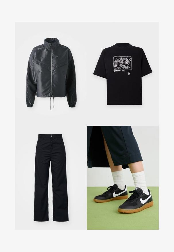Čierna skrátená bunda s vysokým golierom, zipsovým uzatváraním, elastickými manžetami a bielym logom Nike. Hladká, lesklá tkanina s mierne textúrovaným povrchom.; Čierne tričko z bavlny s krátkymi rukávmi. Na prednej strane má biely grafický motív pavučiny a logo. Jednoduchý zaoblený výstrih.; Čierne nohavice s širokými nohavicami vyrobené z odolnej látky, s predným zapínaním na gombík, dvoma bočnými vreckami a hladkou textúrou.; Čierne kožené a syntetické tenisky so bielym logom Nike, gumenou podrážkou, okrúhlou špičkou a čiernymi šnúrkami. Viditeľné biele pruhované ponožky.