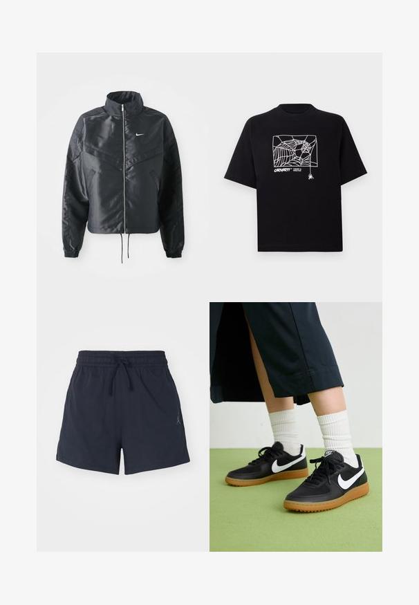 Black cropped jacket with high collar, zip closure, elastane cuffs, and a white Nike logo. Smooth, shiny fabric with a slightly textured surface.; Black T-shirt made of cotton with short sleeves. Features a white spider web graphic and logo on the front. Simple rounded neckline.; Navy athletic shorts made of moisture-wicking fabric, featuring an elastic waistband with drawstring and a small logo.; Black leather and synthetic sneakers with white Nike swoosh, rubber gum sole, round toe, and black laces. Ribbed white socks visible.