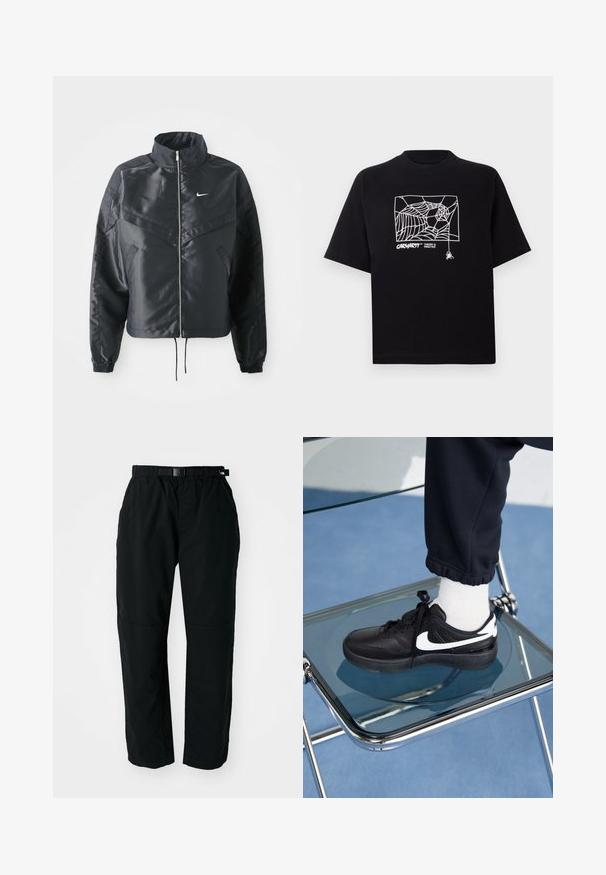 Černá zkrácená bunda s vysokým límcem, zipovým zapínáním, elastickými manžetami a bílým logem Nike. Hladká, lesklá látka s mírně strukturovaným povrchem.; Černé tričko vyrobené z bavlny s krátkými rukávy. Na přední straně má bílé grafické zobrazení pavučiny a logo. Jednoduchý kulatý výstřih.; Černé lehké kalhoty s elastickým pasem a nastavitelným pásem. Vybavené zúženými nohavicemi a zesílenými kolenními panely pro větší odolnost.; Černé tenisky Nike s bílými akcenty, s hladkou koženou texturou, šněrovacím designem a zaoblenou špičkou, umístěné na skleněné židli.