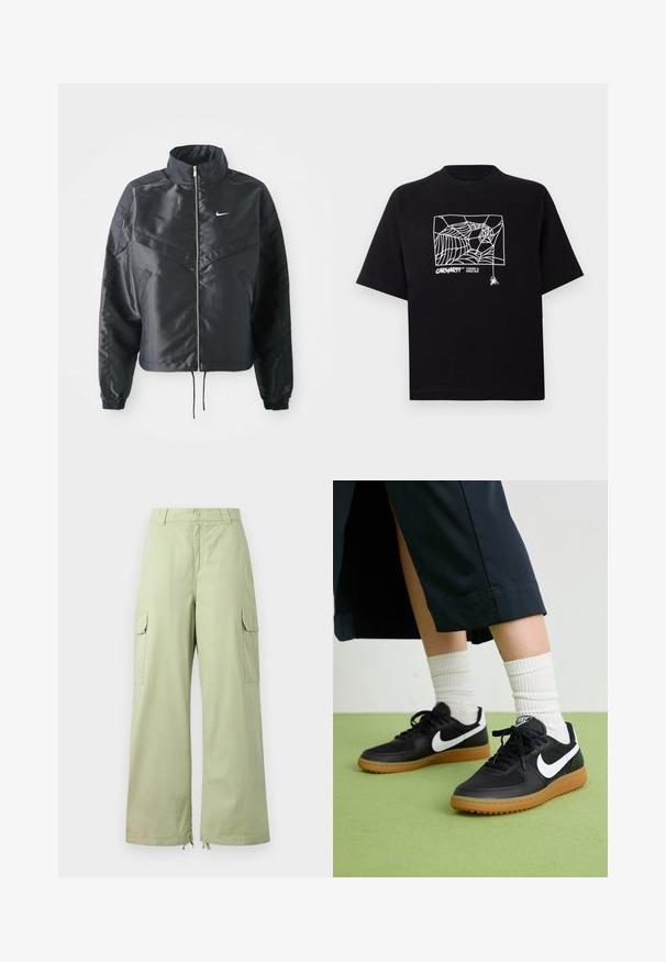 Casaco preto curto com colarinho alto, fecho de zip, punhos em elastano e um logótipo Nike branco. Tecido suave e brilhante com uma superfície ligeiramente texturizada.; T-shirt preta feita de algodão com mangas curtas. Apresenta uma gravação de teia de aranha branca e um logótipo na parte da frente. Possui um decote simples em forma redonda.; Calças cargo verde-claro com pernas largas, feitas de algodão. Apresentam dois bolsos laterais e fecho de botão. Textura suave e design casual.; Sapatilhas pretas em couro e sintético com o logo da Nike em branco, sola de borracha tipo goma, bico redondo e atacadores pretos. Meias brancas com frunces visíveis.