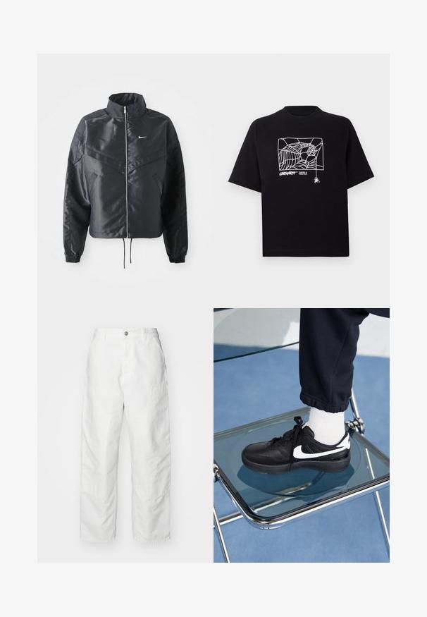 Zwarte cropped jack met hoge kraag, ritsluiting, elastische manchetten en een wit Nike-logo. Glad, glanzend materiaal met een licht gestructureerd oppervlak.; Zwarte T-shirt van katoen met korte mouwen. Voorzien van een witte spinnenwebgrafiek en logo op de voorkant. Eenvoudige ronde halslijn.; Witte cargobroek van denim, met een relaxte pasvorm, zijzakken en zichtbare stiksels. Eenvoudige voorkant met een knoopsluiting.; Zwarte Nike sneakers met witte accenten, met een gladde leren textuur, vetersluiting en ronde neus, geplaatst op een glazen stoel.
