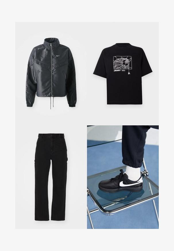 Mustat lyhyet takit, joissa on korkea kaulus, vetoketjukiinnitys, elastaanista valmistetut hihan suut ja valkoinen Nike-logo. Sileä, kiiltävä kangas, jossa on hieman tekstuuria.; Mustapaita, joka on valmistettu puuvillasta ja jossa on lyhyet hihat. Edessä on valkoinen hämähäkinseittigrafiikka ja logo. Yksinkertainen, pyöreä kaula-aukko.; Mustat farkkutrikoot, joissa on suora lahje, sivutaskut ja napitettava vyötärö.; Mustat Nike-tennarit valkoisilla yksityiskohdilla, joissa on sileä nahkapinta, nauhakiinnitys ja pyöreä varvas, aseteltuna lasituolille.