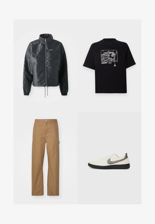 Veste noire courte avec col haut, fermeture éclair, poignets en élasthanne et logo Nike blanc. Tissu lisse et brillant avec une surface légèrement texturée.; T-shirt noir en coton à manches courtes. Présente un graphisme de toile d'araignée blanche et un logo à l'avant. Encolure ronde simple.; Pantalon droit couleur beige en tissu mélangé coton. Il présente une fermeture à bouton à l'avant et deux poches latérales ; texture lisse et mate.; Nike Sportswear FIELD GENERAL - Baskets basses - off-white/black