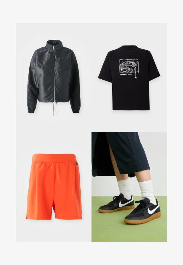 Casaco preto curto com colarinho alto, fecho de zip, punhos em elastano e um logótipo Nike branco. Tecido suave e brilhante com uma superfície ligeiramente texturizada.; T-shirt preta feita de algodão com mangas curtas. Apresenta uma gravação de teia de aranha branca e um logótipo na parte da frente. Possui um decote simples em forma redonda.; Calções laranja brilhante com um cós elástico, apresentando uma textura suave e um corte reto. Sem bolsos ou detalhes adicionais visíveis.; Sapatilhas pretas em couro e sintético com o logo da Nike em branco, sola de borracha tipo goma, bico redondo e atacadores pretos. Meias brancas com frunces visíveis.