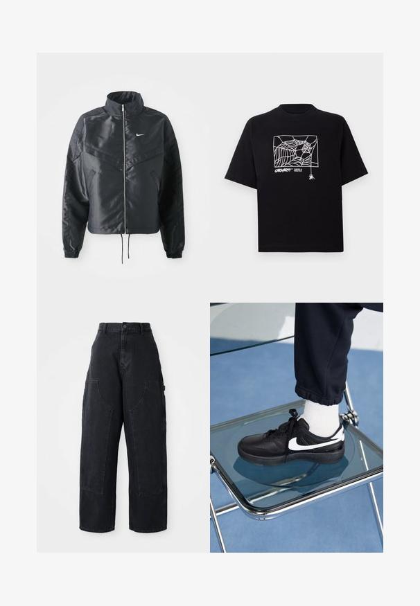 Černá zkrácená bunda s vysokým límcem, zipovým zapínáním, elastickými manžetami a bílým logem Nike. Hladká, lesklá látka s mírně strukturovaným povrchem.; Černé tričko vyrobené z bavlny s krátkými rukávy. Na přední straně má bílé grafické zobrazení pavučiny a logo. Jednoduchý kulatý výstřih.; Černé široké pracovní kalhoty z denimu s vysokým pasem, dvěma velkými předními kapsami a knoflíkovým zapínáním v pase. Hladká textura, ležérní design.; Černé tenisky Nike s bílými akcenty, s hladkou koženou texturou, šněrovacím designem a zaoblenou špičkou, umístěné na skleněné židli.