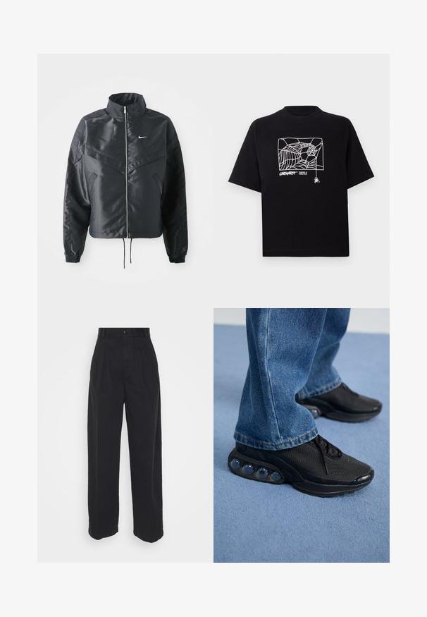 Chaqueta negra corta con cuello alto, cierre de cremallera, puños de elastano y un logo de Nike en blanco. Tejido suave y brillante con una superficie ligeramente texturizada.; Camiseta negra de algodón con mangas cortas. Presenta un gráfico de telaraña blanca y un logo en la parte frontal. Cuello redondeado simple.; Pantalones de pierna ancha negros, hechos de algodón con una textura suave, que cuentan con un cierre de botón en la parte frontal y dos bolsillos laterales.; Zapatillas deportivas negras con parte superior de malla, acentos texturizados y cápsulas de amortiguación de aire visibles en la suela. Combinadas con jeans de mezclilla azul.