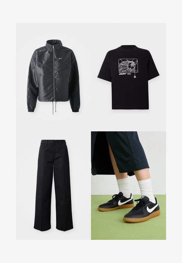 Sort cropped jakke med høj krave, lynlås lukning, elastiske manchetter og et hvidt Nike-logo. Glat, blankt stof med en let struktureret overflade.; Sort T-shirt lavet af bomuld med korte ærmer. Har et hvidt edderkoppespin grafik og logo på fronten. Enkel rund halsudskæring.; Sorte brede bukser lavet af blødt bomuldsstof. Har en klassisk talje, sidelommer og en lige skæring til kanten.; Sorte læder- og syntetiske sneakers med hvid Nike swoosh, gummisål, rund tå og sorte snørebånd. Ribbede hvide sokker synlige.