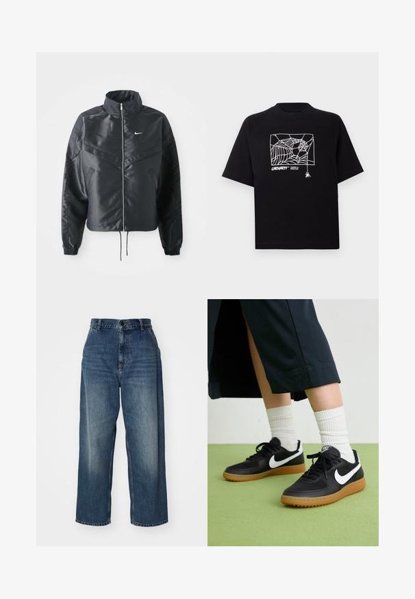 Fekete, rövidített dzseki magas gallérral, cipzáras záródással, elasztikus mandzsettákkal, és fehér Nike logóval. Simább, fényes anyag, enyhén textúrázott felülettel.; Fekete pamut póló rövid ujjakkal. Elülső részén fehér pókhálós grafika és logó található. Egyszerű, kerek nyakú.; Kék farmer széles lábú farmernadrág, magas derékkal, gombos záródással, övrésszel és halványodással a combokon. Egyenes szabású lábvégek.; Fekete bőr és szintetikus sneakers, fehér Nike logo-val, gumi talppal, kerek orral és fekete fűzővel. Csíkos fehér zokni látható.