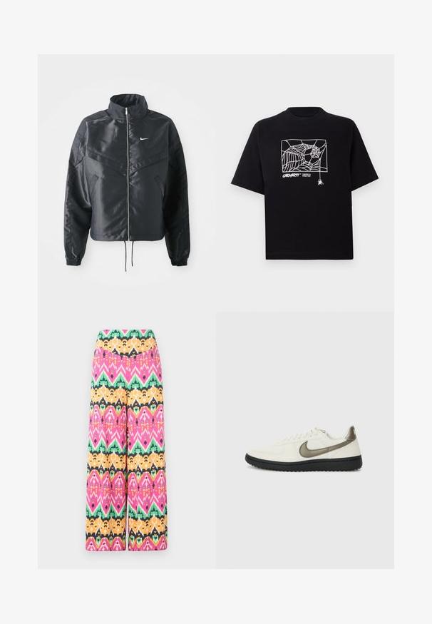 Črna skrajšana jakna z visokim ovratnikom, zadrgo, elastan rokavi in belim logotipom Nike. Gladek, sijoč material z rahlo teksturirano površino.; Črn T-majica iz bombaža s kratkimi rokavi. Na sprednji strani ima belo grafiko pajkove mreže in logo. Preprost okrogli izrez.; Široke hlače z več barvami, ki prikazujejo geometrijski vzorec v roza, zeleni, oranžni in črni barvi. Narejene so iz lahkega materiala z gladko površino.; Nike Sportswear FIELD GENERAL - Športni copati - off-white/black