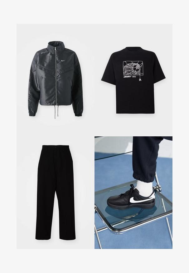 Zwarte cropped jack met hoge kraag, ritsluiting, elastische manchetten en een wit Nike-logo. Glad, glanzend materiaal met een licht gestructureerd oppervlak.; Zwarte T-shirt van katoen met korte mouwen. Voorzien van een witte spinnenwebgrafiek en logo op de voorkant. Eenvoudige ronde halslijn.; Zwarte broek van stevig katoen. Heeft een recht model, riemlussen, een knoopsluiting en een schone zoom.; Zwarte Nike sneakers met witte accenten, met een gladde leren textuur, vetersluiting en ronde neus, geplaatst op een glazen stoel.