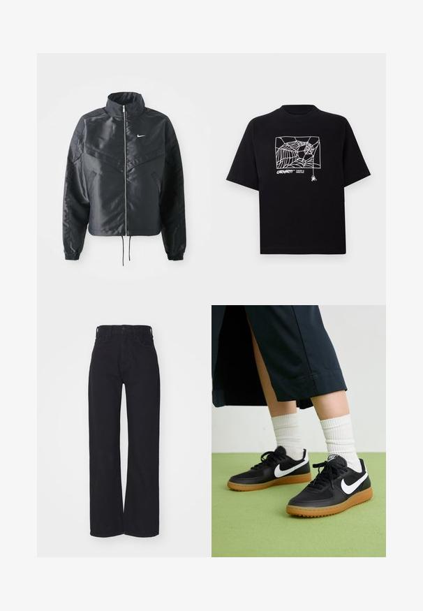 Černá zkrácená bunda s vysokým límcem, zipovým zapínáním, elastickými manžetami a bílým logem Nike. Hladká, lesklá látka s mírně strukturovaným povrchem.; Černé tričko vyrobené z bavlny s krátkými rukávy. Na přední straně má bílé grafické zobrazení pavučiny a logo. Jednoduchý kulatý výstřih.; Černé vysoké rozšířené džínsy s předním zapínáním na knoflík a zip, poutek na opasek a dvěma předními kapsami na bílém pozadí.; Černé kožené a syntetické tenisky s bílým logem Nike, gumovou podrážkou, kulatou špičkou a černými tkaničkami. Viditelné žebrované bílé ponožky.