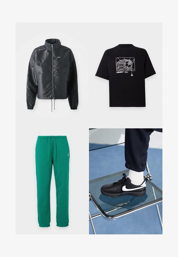 Czarna krótka kurtka z wysokim kołnierzem, zamek błyskawiczny, ściągacze z elastanu i białe logo Nike. Gładki, błyszczący materiał o lekko teksturowanej powierzchni.; Czarna koszulka z krótkim rękawem wykonana z bawełny. Na przodzie znajduje się biały nadruk w kształcie pajęczyny oraz logo. Prosty, zaokrąglony dekolt.; Zielone dresy wykonane z dzianiny bawełnianej, z elastycznym pasem i sznurkiem oraz boczną kieszenią. Klasyczny prosty design nogawek.; Czarne sneakersy Nike z białymi akcentami, charakteryzujące się gładką skórzaną teksturą, zawiązywaną konstrukcją i zaokrąglonym noskiem, umieszczone na szklanym krześle.