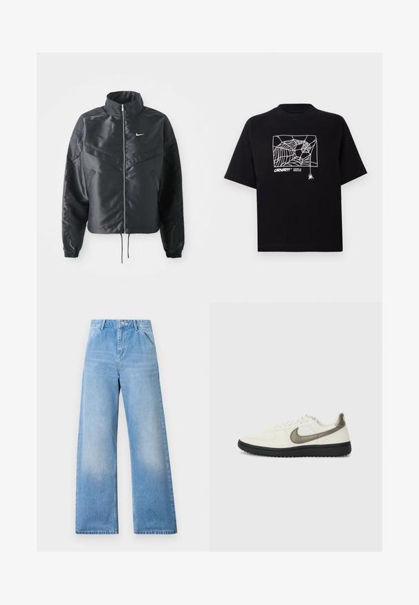 Čierna skrátená bunda s vysokým golierom, zipsovým uzatváraním, elastickými manžetami a bielym logom Nike. Hladká, lesklá tkanina s mierne textúrovaným povrchom.; Čierne tričko z bavlny s krátkymi rukávmi. Na prednej strane má biely grafický motív pavučiny a logo. Jednoduchý zaoblený výstrih.; Svetlomodré denimové nohavice s širokými nohavicami a vysokým pásom, s dvoma prednými vreckami a zapínaním na gombík. Čistý vzhľad s minimálnym vyblednutím.; Nike Sportswear FIELD GENERAL - Tenisky - off-white/black