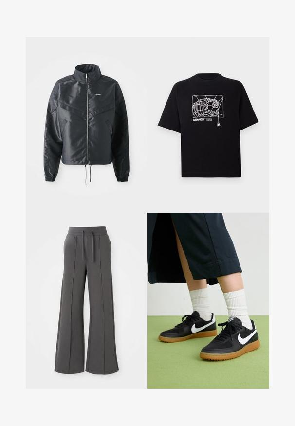 Juoda trumpa striukė su aukštu coloru, užtrauktuku, elastaniniu rankogaliu ir balta Nike logotipu. Lygus, blizgus audinys su šiek tiek tekstūruotu paviršiumi.; Juodas medvilnės marškinėliai su trumpomis rankovėmis. Priekyje yra balta voratinklio grafika ir logotipas. Paprastas apvalus iškarpymas.; Tamsiai pilki platūs sportiniai džinsai su priekiniais siūlėmis, elastinga juosmeniu, raišteliais, šoniniais kišenėmis ir užtrauktukais ant žemyn esančių kraštų, ant baltos fono.; Juodos odinės ir sintetinių medžiagų sportbačiai su balta Nike swoosh, guminis padas, apvalus pirštas ir juodi raišteliai. Matomos banguotos baltos kojinės.