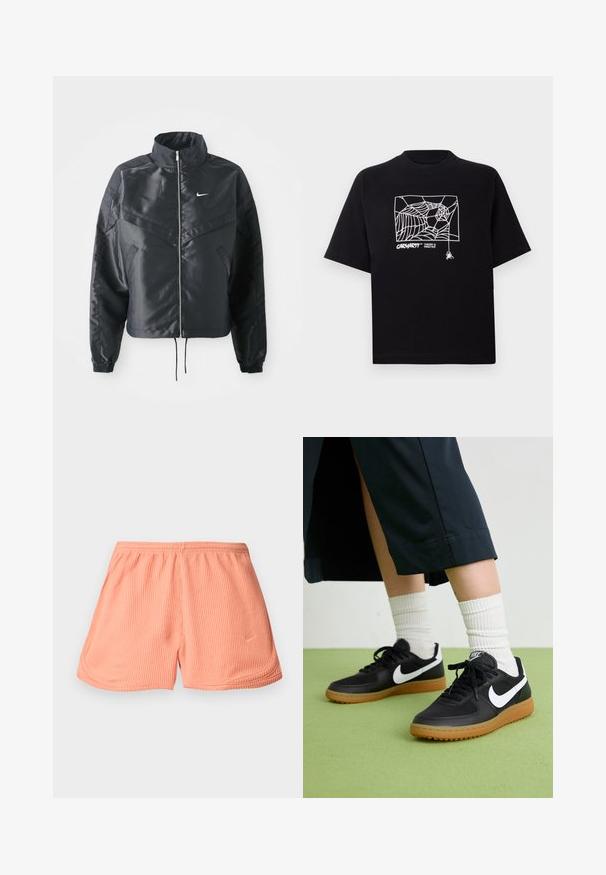 Must kolledžiga must lühike jope, millel on lukuga sulgus, elastne mansett ja valge Nike logo. Sile, läikiv kangas, millel on veidi tekstureeritud pind.; Mustmust särgis, millel on lühikesed varrukad. Esipaneelil on valge ämblikuvõrgu graafika ja logo. Lihtne ümmargune kaelus.; Roosa ribaga spordilühikesed püksid elastse vöökoha ja külgõmblustega, mille vasakus alumises nurgas on väike logo.; Mustad nahast ja sünteetilised sneekerid valge Nike logoga, kummist gumme, ümar nina ja mustad paelad. Näha ribakujulisi valgeid sokke.