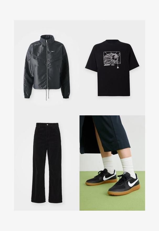 Black cropped jacket with high collar, zip closure, elastane cuffs, and a white Nike logo. Smooth, shiny fabric with a slightly textured surface.; Black T-shirt made of cotton with short sleeves. Features a white spider web graphic and logo on the front. Simple rounded neckline.; Black corduroy wide-leg pants with a high waist, featuring a front button and zipper closure, and vertical ribbed texture throughout.; Black leather and synthetic sneakers with white Nike swoosh, rubber gum sole, round toe, and black laces. Ribbed white socks visible.