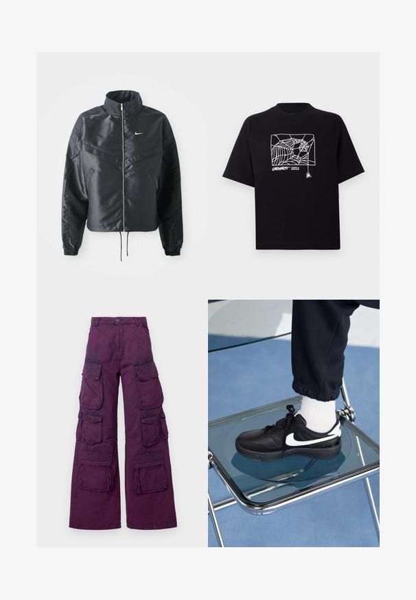 Black cropped jacket with high collar, zip closure, elastane cuffs, and a white Nike logo. Smooth, shiny fabric with a slightly textured surface.; Black T-shirt made of cotton with short sleeves. Features a white spider web graphic and logo on the front. Simple rounded neckline.; Purple cargo pants with wide legs, featuring multiple front and side pockets, contrasting stitching, and a button closure at the waist.; Black Nike sneakers with white accents, featuring a smooth leather texture, lace-up design, and rounded toe, positioned on a glass chair.