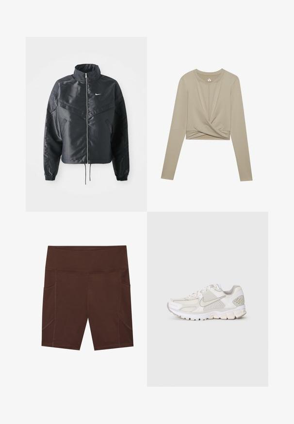 Črna skrajšana jakna z visokim ovratnikom, zadrgo, elastan rokavi in belim logotipom Nike. Gladek, sijoč material z rahlo teksturirano površino.; Svetlo bež dolg rokav, kratek top z zasukano sprednjo zasnovo, izdelan iz gladkega materiala. Ima okroglo ovratnico in prilegajoče rokave.; Rjave atletske kratke hlače iz gladkega materiala, z visokim pasom, stranskimi žepi in kontrastnimi šivi.; Bela športna obutev iz mrežastega in sintetičnega materiala. Ima teksturiran dizajn, obloženo ovratnico in geometrijske poudarke na peti.