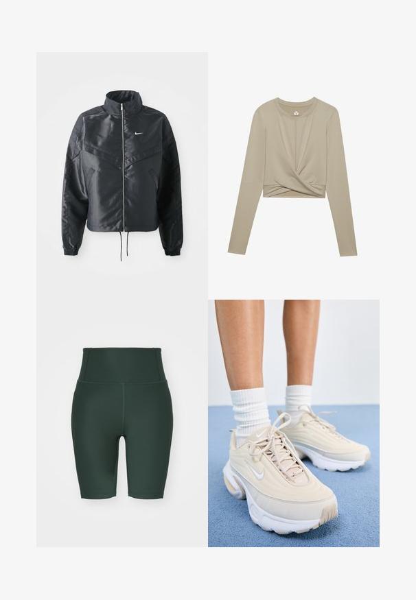 Melna apgriezta jaka ar augstu apkakli, rāvējslēdzēja aizdari, elastīna aprocēm un baltu Nike logo. Gluda, spīdīga auduma ar nedaudz teksturētu virsmu.; Gaiši bežs garām piedurknēm crop top ar savītu priekšpuses dizainu, izgatavots no gludas auduma. Iespējas: apaļa kakla izgriezums un pieguļošas piedurknes.; Gari augsta jostasvietas velotriķi tumši zaļā krāsā, izgatavoti no elastīga auduma. Piedāvā gludu tekstūru, plakanas šuves un piegulošu dizainu.; Bežīgas sporta kurpes ar teksturētu virsu, baltām šņorēm un biezu baltu zoli. Dizainā ir smalkas līknes un neliels logo.