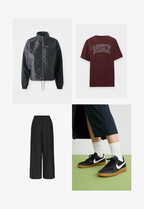 Must kolledžiga must lühike jope, millel on lukuga sulgus, elastne mansett ja valge Nike logo. Sile, läikiv kangas, millel on veidi tekstureeritud pind.; Burgundia puuvillane t-särk lühikeste varrukatega, millel on rinnal valge kontuuriga "NIKE" logo. Pehme, tekstuuriga viimistlus.; Laiad püksid tugevast mustast kangast, valmistatud tekstureeritud materjalist. Omavad elastset vööd ja vabalt voolavat siluetti.; Mustad nahast ja sünteetilised sneekerid valge Nike logoga, kummist gumme, ümar nina ja mustad paelad. Näha ribakujulisi valgeid sokke.