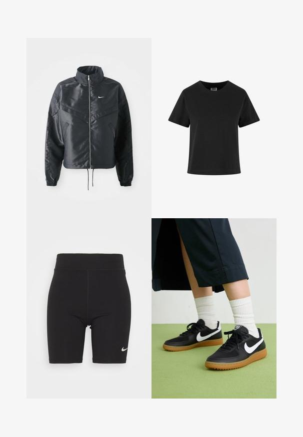 Černá zkrácená bunda s vysokým límcem, zipovým zapínáním, elastickými manžetami a bílým logem Nike. Hladká, lesklá látka s mírně strukturovaným povrchem.; Černé bavlněné tričko s krátkým rukávem, kulatým výstřihem a uvolněným střihem. Hladká textura a žádné viditelné vzory nebo ozdoby.; Černé cyklistické šortky vyrobené z elastického materiálu, se zvýšeným pasem a viditelným šitím. Obsahují malé stříbrné logo Nike na nohavici.; Černé kožené a syntetické tenisky s bílým logem Nike, gumovou podrážkou, kulatou špičkou a černými tkaničkami. Viditelné žebrované bílé ponožky.