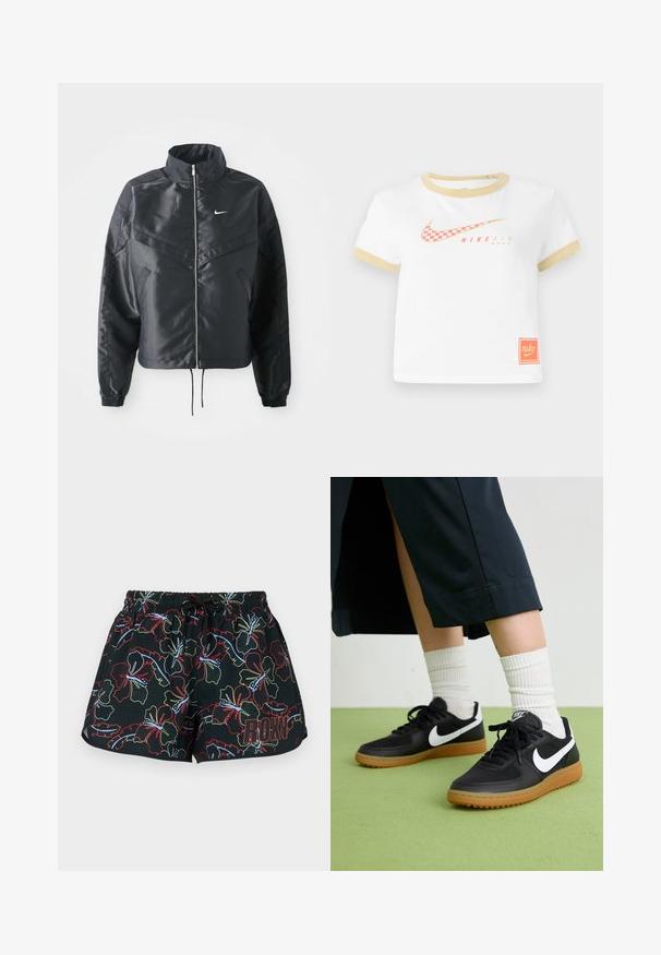 Fekete, rövidített dzseki magas gallérral, cipzáras záródással, elasztikus mandzsettákkal, és fehér Nike logóval. Simább, fényes anyag, enyhén textúrázott felülettel.; Fehér póló arany szegéllyel, piros kockás Nike swoosh logóval, "NIKE AIR" felirattal, és egy kis narancssárga Nike címkével az alján.; Fekete úszóshort színes virágmintával, piros, zöld és kék színekben. Rugalmas derékpánt, húzózsinórral; "ROXY" logó az oldalon.; Fekete bőr és szintetikus sneakers, fehér Nike logo-val, gumi talppal, kerek orral és fekete fűzővel. Csíkos fehér zokni látható.