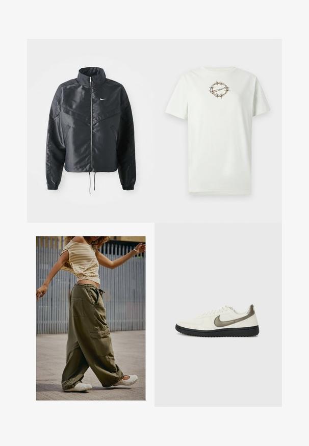 Melna apgriezta jaka ar augstu apkakli, rāvējslēdzēja aizdari, elastīna aprocēm un baltu Nike logo. Gluda, spīdīga auduma ar nedaudz teksturētu virsmu.; Gaiši zaļa kokvilnas t-krekls ar centrālu grafiku – dzeloņstieples, kas apņem logotipu. Apaļš kakls un īsas piedurknes. Mīksta tekstūra.; Olīvu zaļas cargo bikses ar lielām kabatām, brīvs piegriezums un regulējams jostasvīrs; kombinētas ar gaiši bēšas svītrainu krekliņu un baltām slip-on kurpēm.; Nike Sportswear FIELD GENERAL - Treniņu apavi - off-white/black