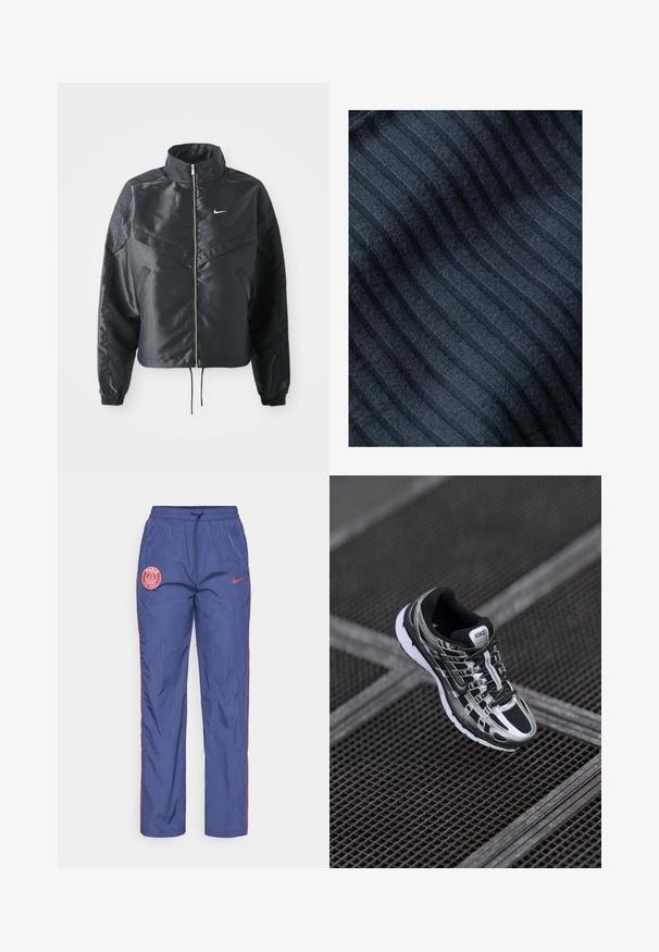 Chaqueta negra corta con cuello alto, cierre de cremallera, puños de elastano y un logo de Nike en blanco. Tejido suave y brillante con una superficie ligeramente texturizada.; Tejido azul oscuro con textura de rayas verticales, sensación suave y apariencia ligeramente difusa. Las rayas están espaciadas de manera uniforme y son sutiles.; Pantalones de chándal Nike Paris Saint-Germain en azul con parches de logo rojos, ribetes rojos a lo largo de los lados, y cinturilla elástica con cordón.; Zapatilla de correr de Nike con una combinación de colores negro y plateado, parte superior de malla, suela texturizada y sistema de cordones para un ajuste seguro.