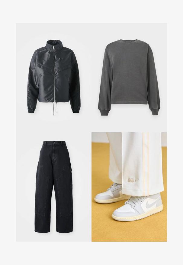 Crna kratka jakna s visokim ovratnikom, zatvaranjem na patentni zatvarač, elastinim rukavima i bijelim Nike logom. Glatka, sjajna tkanina s lagano teksturiranom površinom.; Sivi dukserica dugih rukava s okruglim izrezom, izrađena od mekog materijala. Ima rebraste manžete i ležeran kroj. Minimalistički dizajn, bez uzoraka.; Crne traper široke cargo hlače s visokim strukom, dva velika prednja džepa i zatvaranjem na dugme u struku. Glatka tekstura, ležeran dizajn.; Jordan AIR JORDAN 1 LOW - Tenisice - sail/neutral grey/coconut milk
