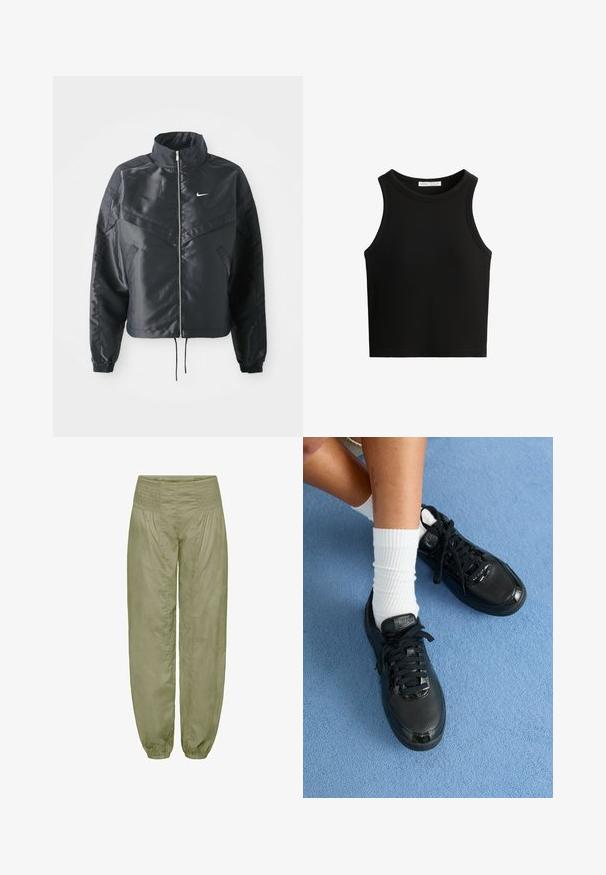 Fekete, rövidített dzseki magas gallérral, cipzáras záródással, elasztikus mandzsettákkal, és fehér Nike logóval. Simább, fényes anyag, enyhén textúrázott felülettel.; Fekete bordázott ujjatlan felső, kerek nyakú és széles karöltőkkel. Az anyag lágy hatásúnak tűnik, és testhezálló fazonú.; Világos olívazöld, laza szabású nadrág, smockolt derékrésszel és elasztikus mandzsettával; puha, texturált anyagból készült.; Fekete Nike sportcipők textúrázott felsőrésszel, fényes részletekkel és kerek fűzőkkel rendelkeznek. Ezek fehér bordázott zoknikkal vannak párosítva egy világos kék felületen.