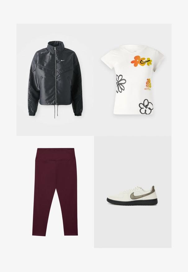 Veste noire courte avec col haut, fermeture éclair, poignets en élasthanne et logo Nike blanc. Tissu lisse et brillant avec une surface légèrement texturée.; T-shirt blanc à manches courtes avec des motifs floraux colorés en orange, jaune et noir. Fabriqué en un doux mélange de coton avec un décolleté en V.; Leggings bordeaux avec une taille haute, fabriqués dans un tissu lisse et extensible. Présentent un design sans coutures et sans poches extérieures.; Nike Sportswear FIELD GENERAL - Baskets basses - off-white/black