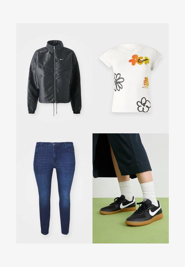 Črna skrajšana jakna z visokim ovratnikom, zadrgo, elastan rokavi in belim logotipom Nike. Gladek, sijoč material z rahlo teksturirano površino.; Bela kratka majica s kratkimi rokavi, ki vsebuje barvite cvetlične vzorce v oranžni, rumeni in črni barvi. Narejena iz mehke mešanice bombaža z V-izrezom.; Temno modri poletni kavbojke slim fit z gumbom spredaj in žepi, prikazane spredaj na beli podlagi.; Črne usnjene in sintetične superge z belim Nike swooshom, gumo na podplatu, okroglo konico ter črnimi vezalkami. Vidne so rebraste bele nogavice.
