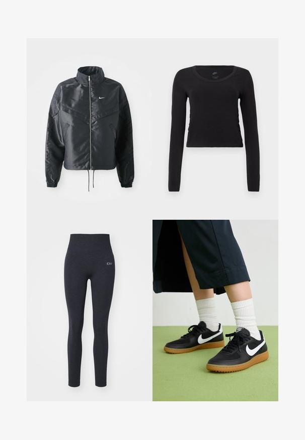 Mustat lyhyet takit, joissa on korkea kaulus, vetoketjukiinnitys, elastaanista valmistetut hihan suut ja valkoinen Nike-logo. Sileä, kiiltävä kangas, jossa on hieman tekstuuria.; Pitkähihainen, lyhyttoppinen t-paita kiinteää mustaa puuvillaa. Ominaisuuksia ovat pyöreä pääntie ja lievä sivun rypytys yksityiskohtana istuvan ilmeen luomiseksi.; Korkeavyötäröiset, tummanharmaat leggingsit, jotka on valmistettu joustavasta kankaasta, jossa on sileä tekstuuri; vasemmalla puolella pieni logo.; Mustat nahka- ja synteettiset urheilukengät, joissa on valkoinen Nike-merkki, kuminen pohja, pyöreä kärki ja mustat nauhat. Raitapintaiset valkoiset sukat näkyvissä.