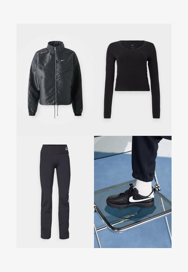 Svart kort jacka med hög krage, dragkedja, ärmslut i elastan och en vit Nike-logotyp. Slät, glänsande tyg med en något strukturerad yta.; Långärmad, kort t-shirt i solid svart bomull. Har rund halsringning och en lätt sidofåll för en figurnära look.; Svarta stretchbyxor med hög midja, med en subtil logotyp och kontrasterande sidostrimlor. Slät struktur, skräddarsydd passform.; Svarta Nike-sneakers med vita detaljer, med en slät läderstruktur, snörningsdesign och rund tå, placerade på en glasstol.