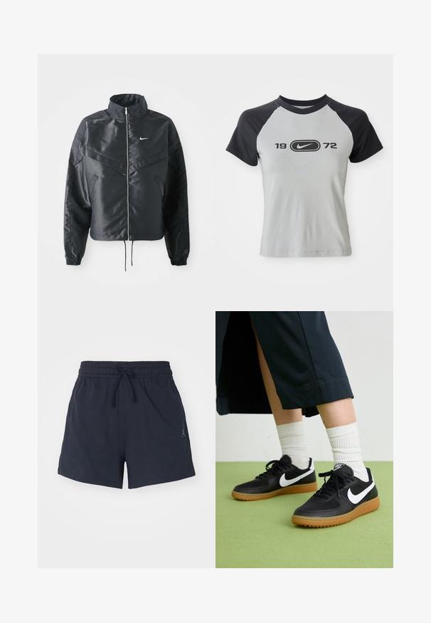 Czarna krótka kurtka z wysokim kołnierzem, zamek błyskawiczny, ściągacze z elastanu i białe logo Nike. Gładki, błyszczący materiał o lekko teksturowanej powierzchni.; Szara i czarna koszulka z krótkim rękawem, z okrągłym dekoltem, z centralnym logo i napisem "1972" w czerni z przodu.; Granatowe szorty sportowe wykonane z tkaniny odprowadzającej wilgoć, z elastycznym pasem i sznurkiem do regulacji oraz małym logo.; Czarne skórzane i syntetyczne sneakersy z białym logo Nike, gumową podeszwą, okrągłym noskiem i czarnymi sznurowadłami. Widziane są ribbowane białe skarpetki.