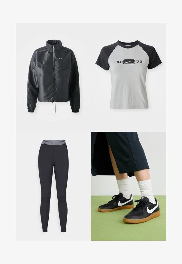 Fekete, rövidített dzseki magas gallérral, cipzáras záródással, elasztikus mandzsettákkal, és fehér Nike logóval. Simább, fényes anyag, enyhén textúrázott felülettel.; Szürke és fekete rövid ujjú póló, kerek nyakkivágással, középen elhelyezett fekete logóval és "1972" felirattal az elején.; Fekete leggings rugalmas anyagból, csíkos gumis derékkal és karcsú fazonnal. Nincs látható minta vagy további részletezés.; Fekete bőr és szintetikus sneakers, fehér Nike logo-val, gumi talppal, kerek orral és fekete fűzővel. Csíkos fehér zokni látható.