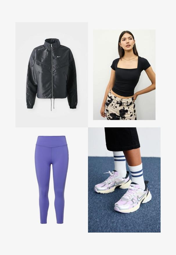 Giacca nera cropped con colletto alto, chiusura a zip, polsini in elastan e logo Nike bianco. Tessuto liscio e lucido con una superficie leggermente texturizzata.; T-shirt nera aderente con scollo quadrato e maniche corte. Abbinato a pantaloni a vita alta con un motivo a macchie nere e crema.; Leggings viola realizzati in materiale elastico con vita alta, caratterizzati da cuciture piatte e un design aderente lungo le gambe.; Sneakers Nike con una tomaia in rete color lavanda, dettagli argentati e neri, e una suola in crema spessa. Abbinati a calzini bianchi con strisce blu.
