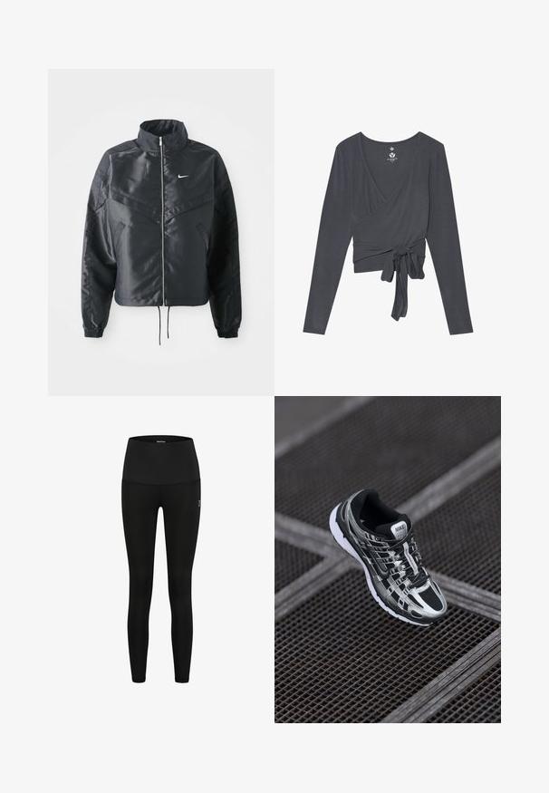 Schwarze, verkürzte Jacke mit hohem Kragen, Reißverschluss, Elastan-Ärmeln und einem weißen Nike-Logo. Glattes, glänzendes Material mit leicht strukturiertem Oberflächeneffekt.; Dunkelgraues langärmliges Wickeltop aus weichem, elastischem Stoff mit einem V-Ausschnitt und einem Bindedetail an der Taille zur Anpassung.; Schwarze Leggings aus elastischem Material, mit hohem Taillenbund und schlankem Design. Keine Muster oder sichtbaren Hardware-Elemente.; Nike-Laufschuh mit einem schwarz-silbernen Farbschema, Mesh-Obermaterial, strukturiertem Sohle und Schnürsystem für einen sicheren Sitz.
