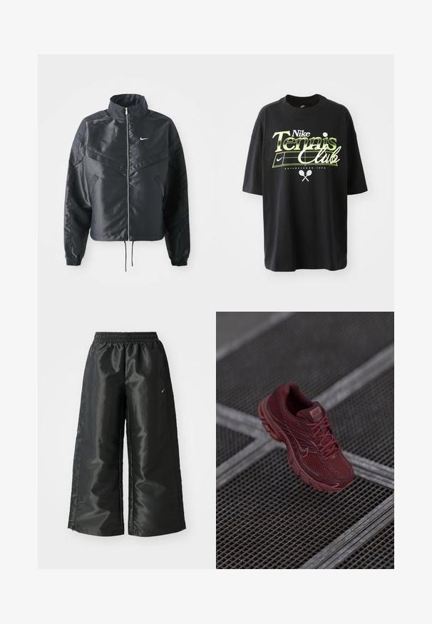 Melna apgriezta jaka ar augstu apkakli, rāvējslēdzēja aizdari, elastīna aprocēm un baltu Nike logo. Gluda, spīdīga auduma ar nedaudz teksturētu virsmu.; Melna kokvilnas T-krekls ar īsām piedurknēm, izceļoties ar zaļo un baltās "Nike Tennis Club" grafiku, tenisa bumbu un raketi attēliem.; Melnas sporta bikses ar spīdīgu, gludu audumu, aprīkotas ar elastīgu jostu, platām kājām un mazu logotipu kreisajā pusē.; Sarkans Nike skriešanas apavi ar sietveida augšdaļu, teksturētu detaļu, mīkstinātu apkakli un biezu zoli, novietoti virs režģētas virsmas.
