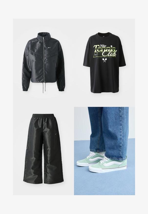 Giacca nera cropped con colletto alto, chiusura a zip, polsini in elastan e logo Nike bianco. Tessuto liscio e lucido con una superficie leggermente texturizzata.; T-shirt in cotone nero con maniche corte, caratterizzato da una grafica "Nike Tennis Club" verde e bianca, illustrazioni di palline da tennis e racchette.; Pantaloni sportivi neri con un tessuto lucido e morbido, dotati di una vita elasticizzata, gambe larghe e un piccolo logo sul lato sinistro.; Una persona indossa sneakers verde chiaro e bianchi con lacci bianchi e jeans blu, in piedi su un pavimento azzurro chiaro.