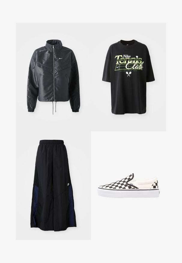 Giacca nera cropped con colletto alto, chiusura a zip, polsini in elastan e logo Nike bianco. Tessuto liscio e lucido con una superficie leggermente texturizzata.; T-shirt in cotone nero con maniche corte, caratterizzato da una grafica "Nike Tennis Club" verde e bianca, illustrazioni di palline da tennis e racchette.; Pantaloni neri a gamba larga realizzati in tessuto leggero, con un pannello laterale blu navy e una cintura elastica. Piccolo logo bianco sul fondo.; Scarpe Vans slip-on a scacchi bianchi e neri con tomaia in canvas, suola in gomma e colletto imbottito. Punta piatta e rotonda con dettagli bianchi sulla suola.