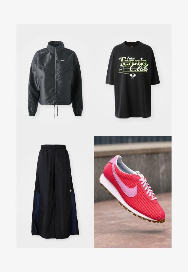 Casaco preto curto com colarinho alto, fecho de zip, punhos em elastano e um logótipo Nike branco. Tecido suave e brilhante com uma superfície ligeiramente texturizada.; T-shirt preta de algodão com mangas curtas, apresentando um gráfico em verde e branco "Nike Tennis Club", ilustrações de bola de ténis e raquete.; Calças largas pretas feitas de tecido leve, com um painel lateral azul-marinho e cintura elástica. Pequeno logótipo branco na parte inferior.; Sapatilha tricotada em rosa choque e vermelho com logótipo e atacadores em rosa claro, sola branca e piso castanho flutuando acima de uma superfície de betão.