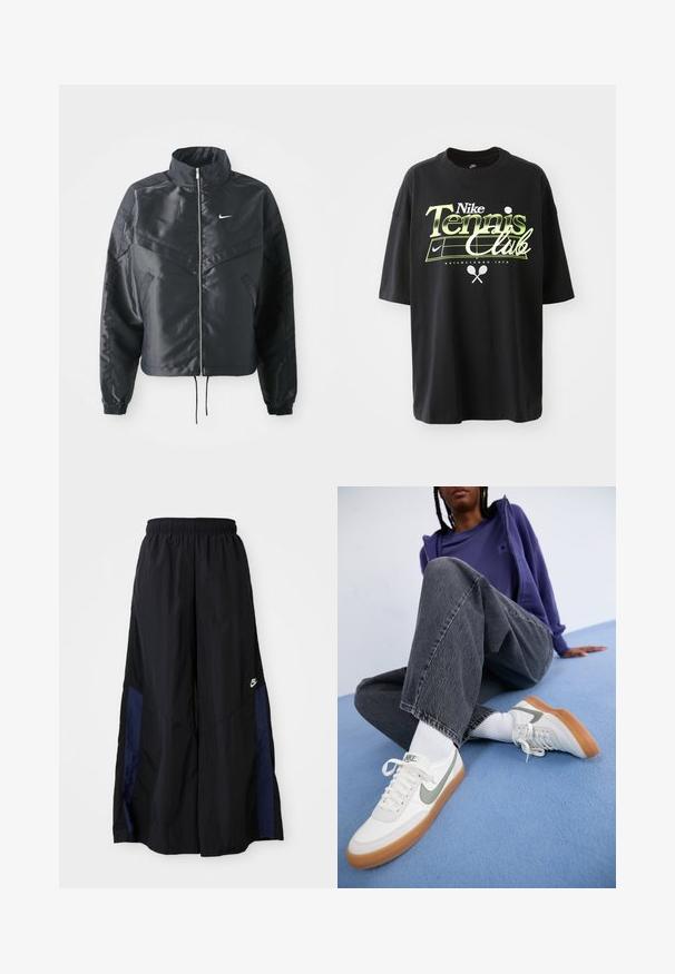 Must kolledžiga must lühike jope, millel on lukuga sulgus, elastne mansett ja valge Nike logo. Sile, läikiv kangas, millel on veidi tekstureeritud pind.; Mustast puuvillane t-särk lühikeste varrukatega, millel on roheline ja valge "Nike Tennis Club" graafika, tennisepall ja reketi illustreerimine.; Mustad laiad mustad püksid kergest kangast, millel on tumesinine külgpaneel ja elastne vöökoht. Väike valge logo allservas.; Valged Nike spordijalatsid hallide aktsentidega, kummitald, koos valgete sokkidega. Tumedast hallist, väheselt kulunud laia säärega teksad. Sinine taust.