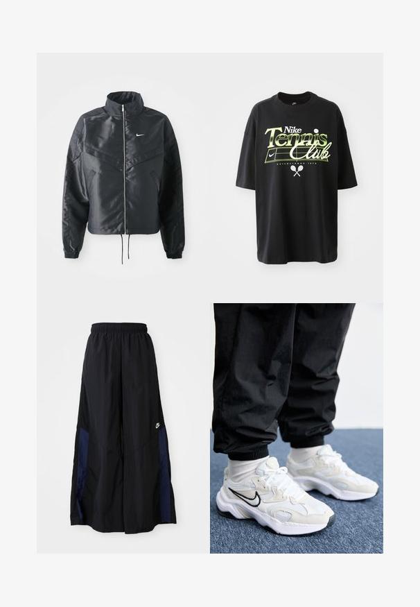Fekete, rövidített dzseki magas gallérral, cipzáras záródással, elasztikus mandzsettákkal, és fehér Nike logóval. Simább, fényes anyag, enyhén textúrázott felülettel.; Fekete pamut póló rövid ujjakkal, zöld és fehér "Nike Tennis Club" grafikával, teniszlabda és ütő illusztrációkkal.; Fekete, bő szárú nadrág könnyű anyagból, tengerészkék oldalsó panellel és elasztikus derékkal. Kicsi fehér logó az alján.; Fehér és világosszürke sportcipők, amelyek texturált felsőrész, vastag talp és fekete swoosh logó jellemzi. Fekete jogger nadrággal és fehér zoknival viselve.